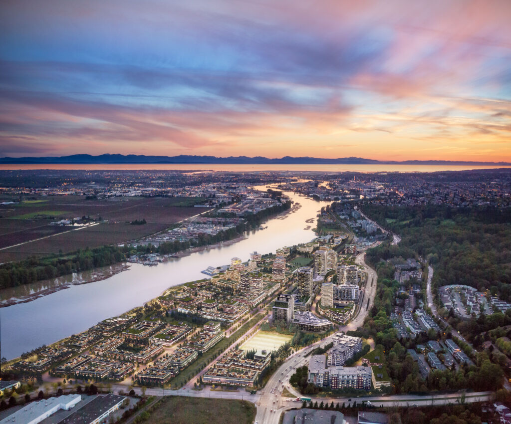 A rendered aerial view of River District at build-out