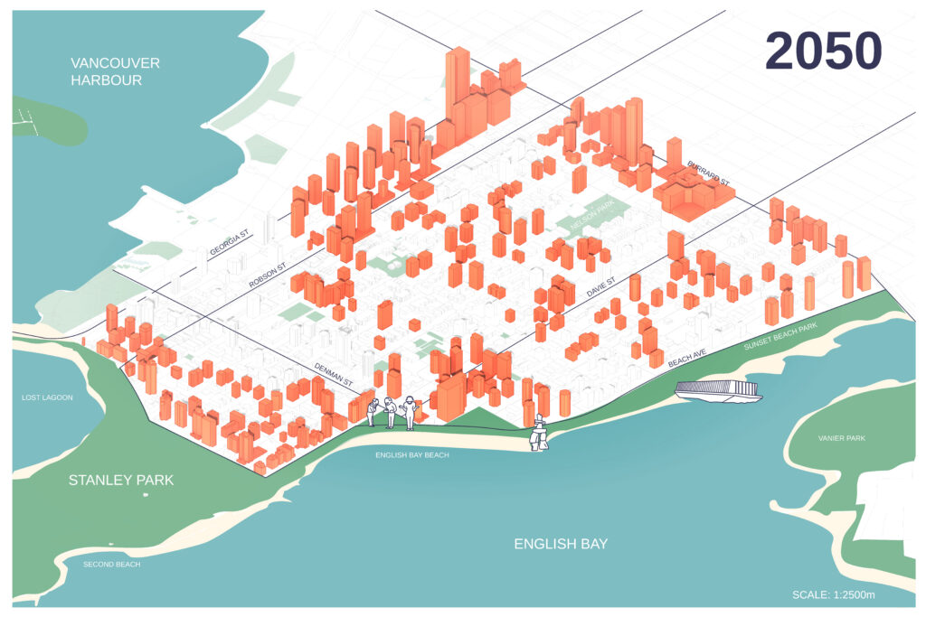 A stylized map of Vancouver’s West End showing potential TEN-connected buildings in 2050